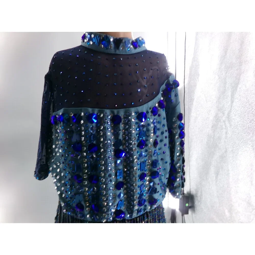Pre-Owned Dance Costume Large Child Blue Glamour Jazz Tap Clogging Latin Fringe